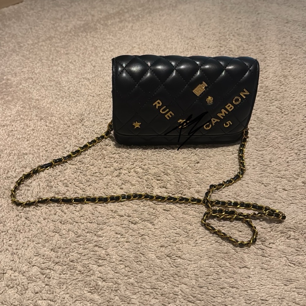 Black Quilted Wallet-on-Chain with Gold Chain Strap